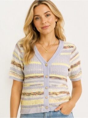 Alicedudu Pastel Stripe Knit Cardigan Sweater | Size Small | Gold Button Front